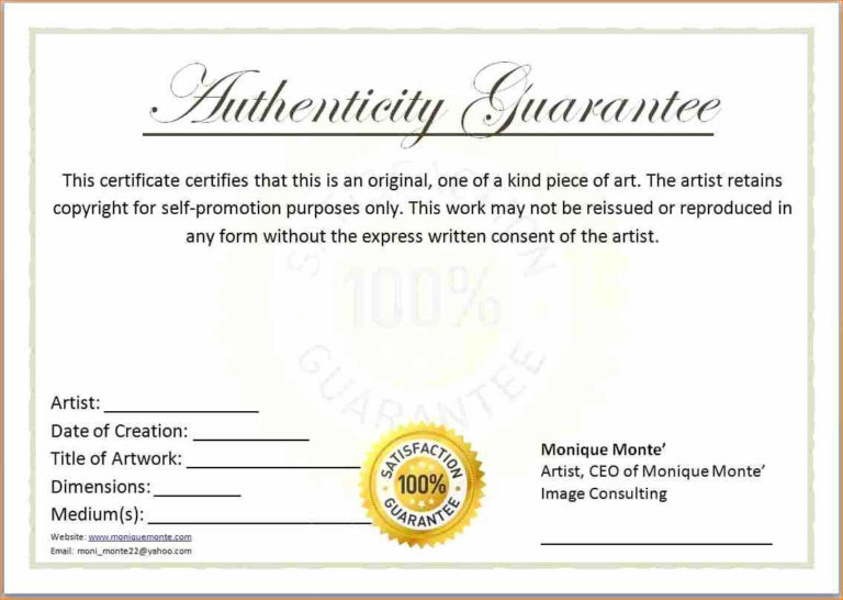 Professional Authenticity Certificate Templates Free – Sparklingstemware