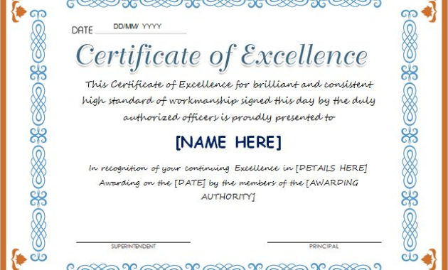 Fascinating Certificate Of Excellence Template Word