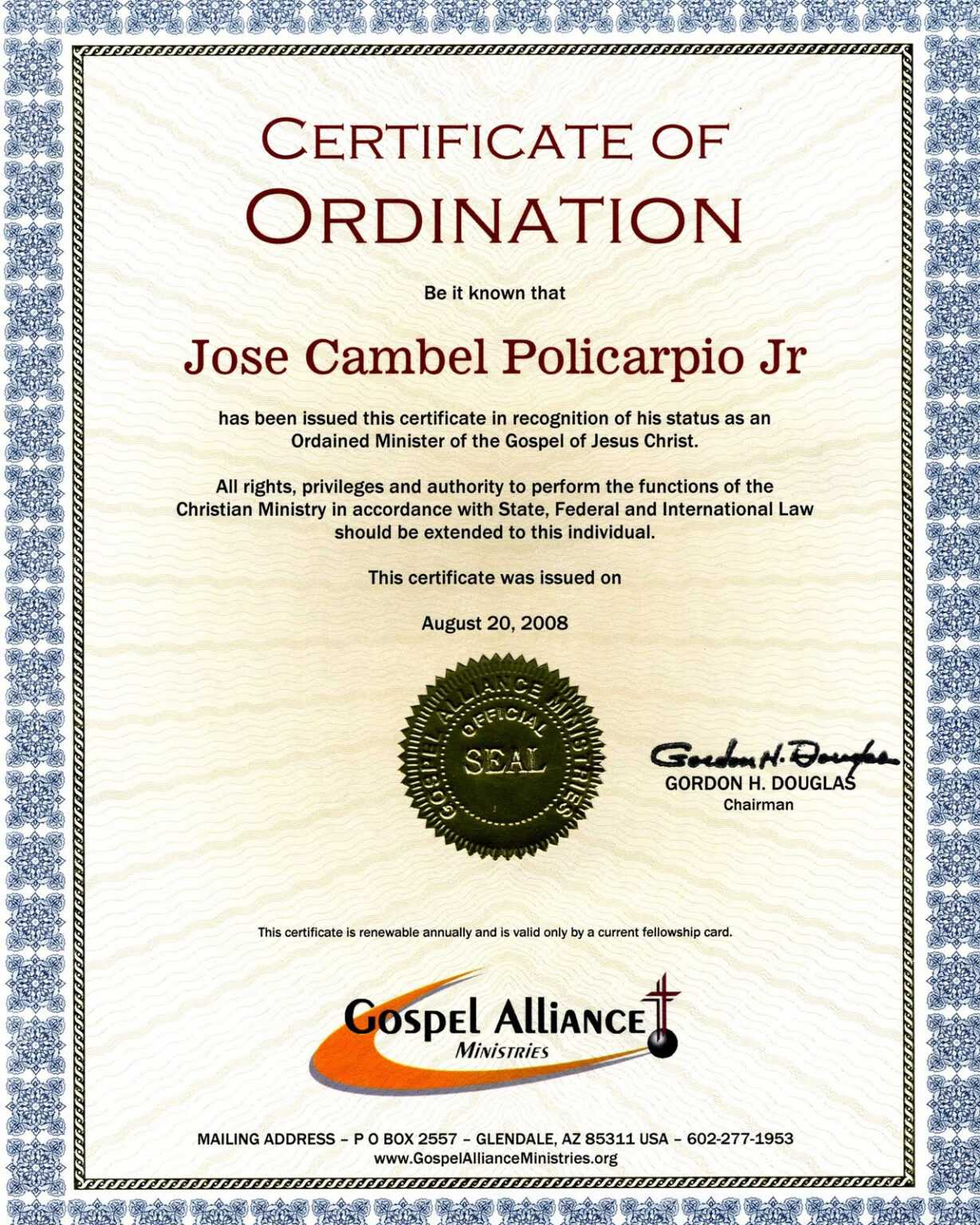 Fascinating Ordination Certificate Template