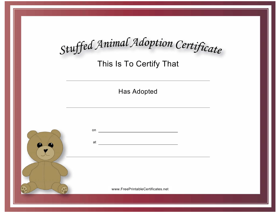 Professional Stuffed Animal Adoption Certificate Template Free