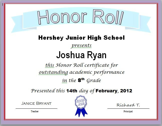 Simple Certificate Of Honor Roll Free Templates