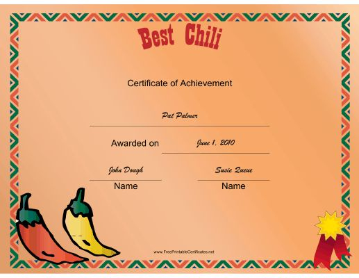 Top Chili Cook Off Award Certificate Template Free