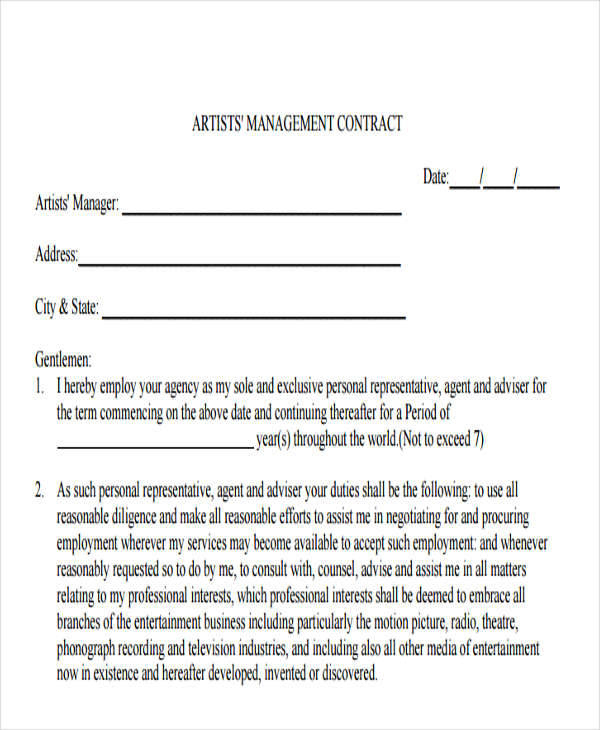Fantastic Artist Management Contracts Template