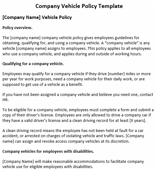 Fresh Company Vehicle Policy Template