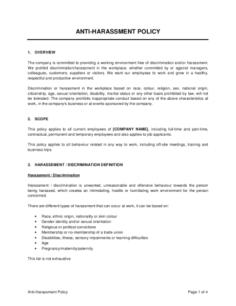 Professional Anti Discrimination And Harassment Policy Template