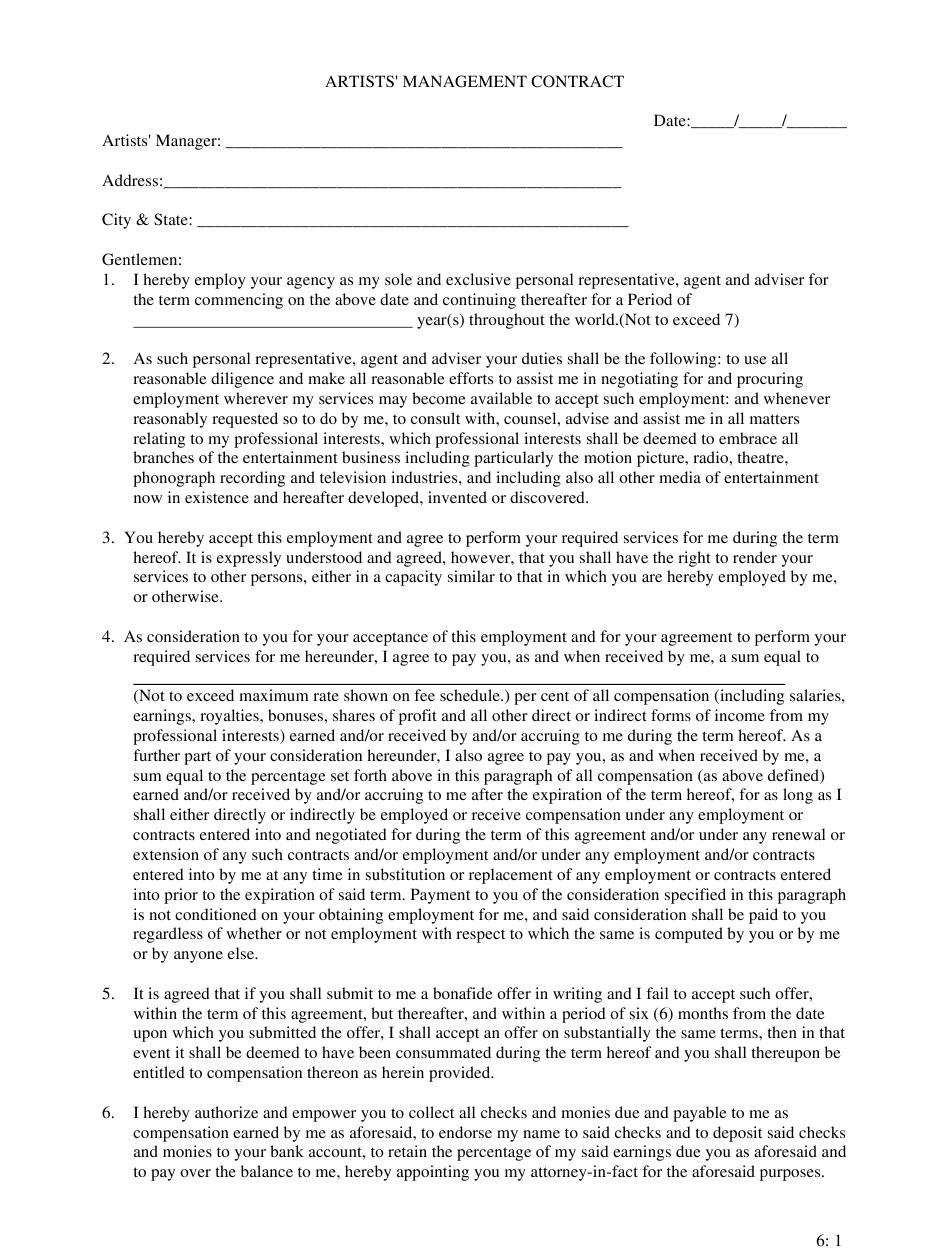 Simple Artist Management Contracts Template