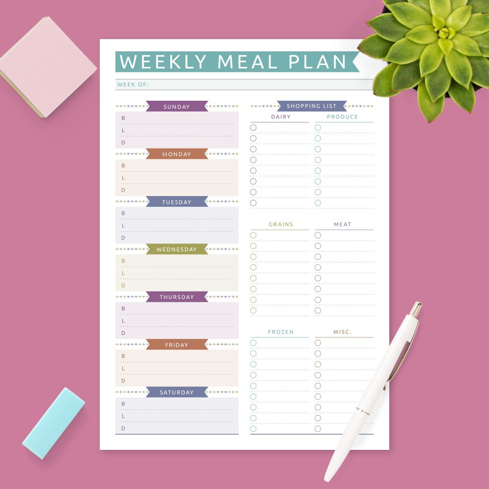 Simple Menu Planner With Grocery List Template